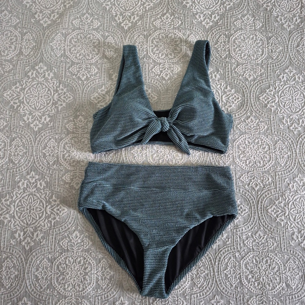 Hanna Nikole Metallic Blue Gold Smocked Tie Front High Waisted Bikini Set XL